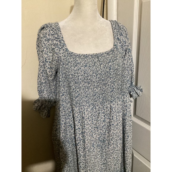 Madewell Smocked Square Neck Floral Midi Dress Blue White Size S Puff Sleeve - Picture 2 of 6